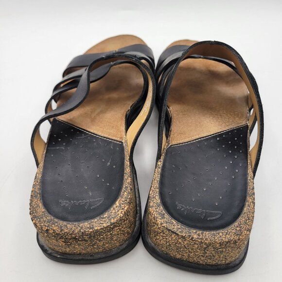Clarks Black Slide Slip On Strappy Leather Comfort Sandals Arch Support Sz 8.5 - Picture 7 of 9